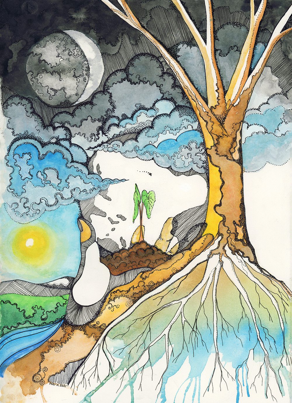 Nānā Pono, watercolor and ink